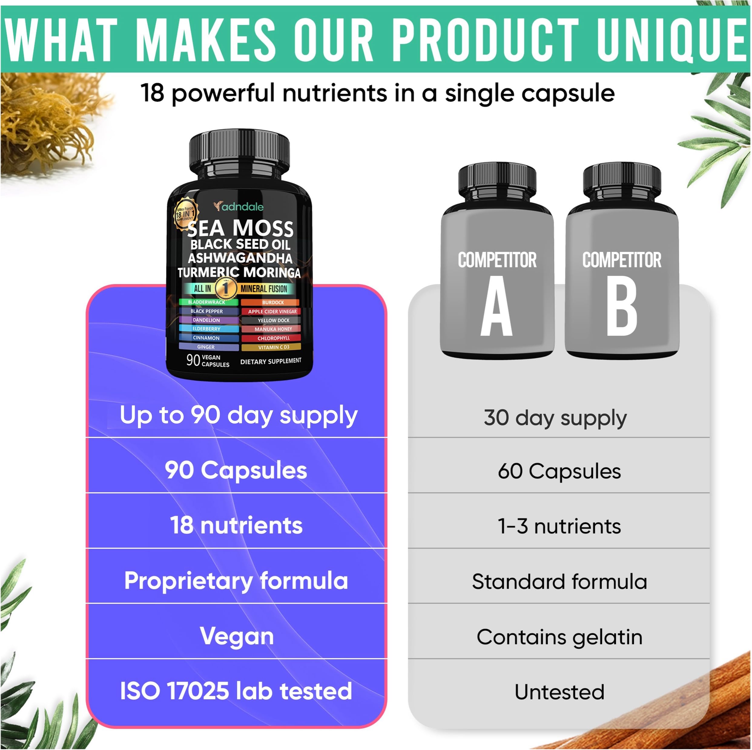 Capsules Adndale moringa : apport en nutriments au quotidien.