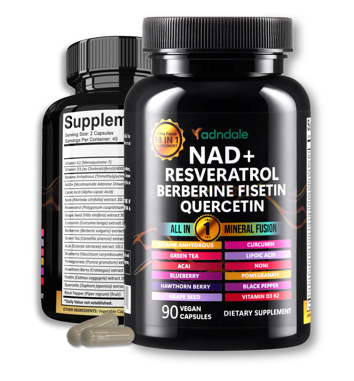 Adndale Liposomal NAD Resveratrol, bouteille: formulation avancée pour le bien-être quotidien.