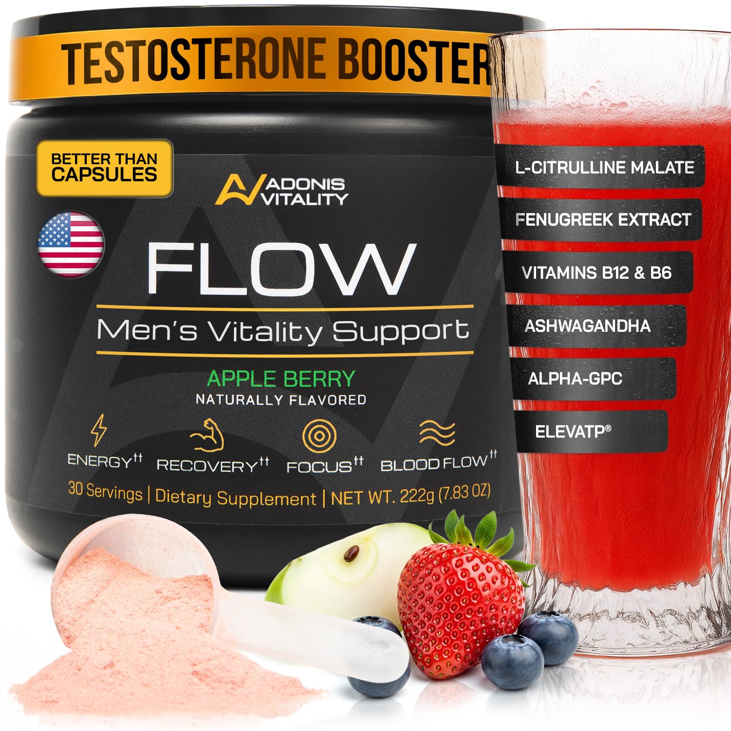 Adonis Vitality Flow bouteille saveur pomme-framboise, énergie durable.