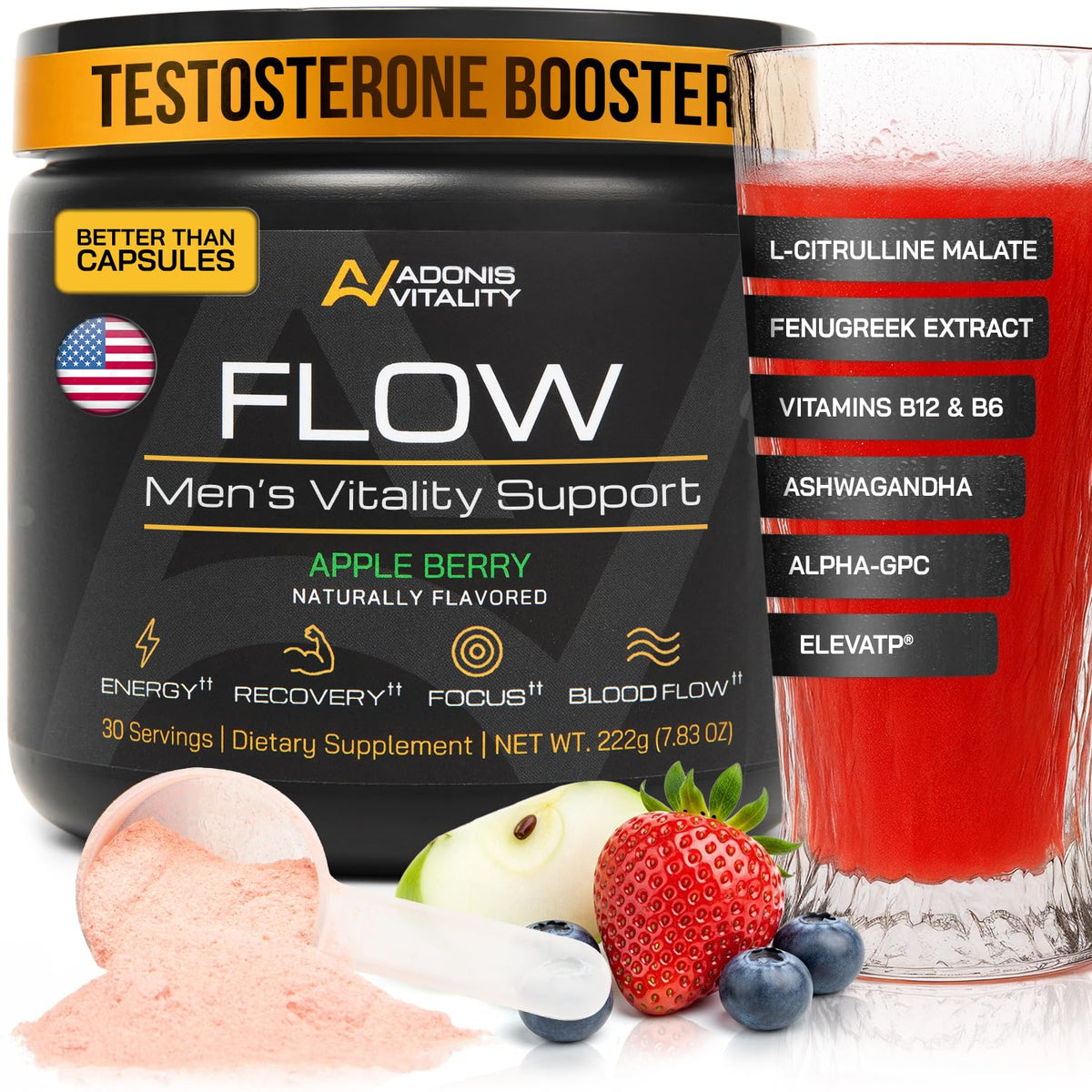 Adonis Vitality Flow bouteille saveur pomme-framboise, énergie durable.