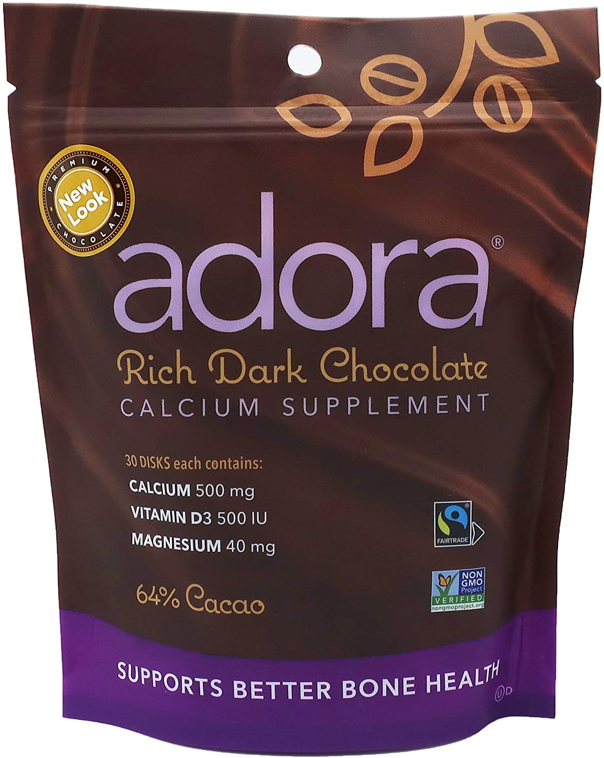 Adora Calcium Chocolat Noir, disques savoureux pour votre apport en calcium.