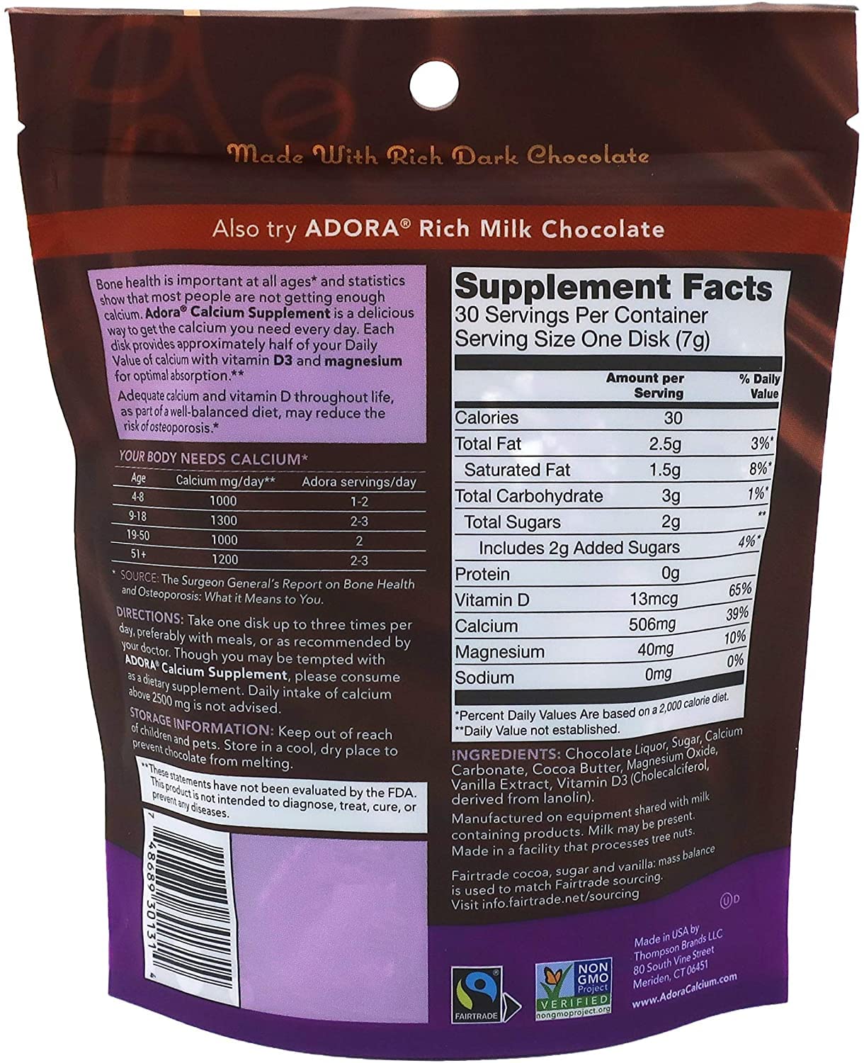 Adora Calcium Chocolat Noir, emballage 4 boîtes pour un réapprovisionnement pratique.