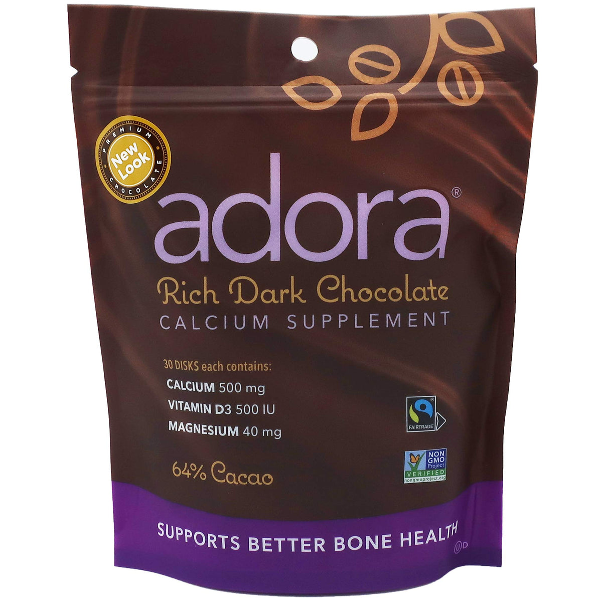 Adora Calcium disque chocolat noir équitable: apport partiel en calcium avec vitamine D3 et magnésium