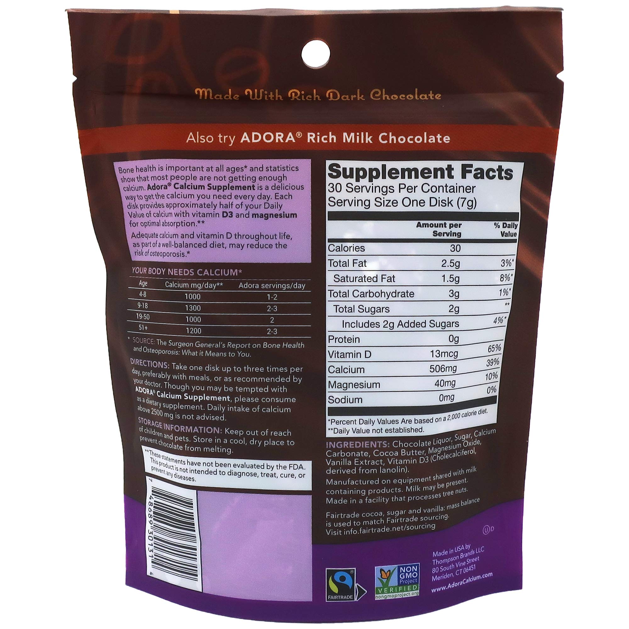 Adora Calcium emballage chocolat noir équitable: plaisir quotidien et source de calcium