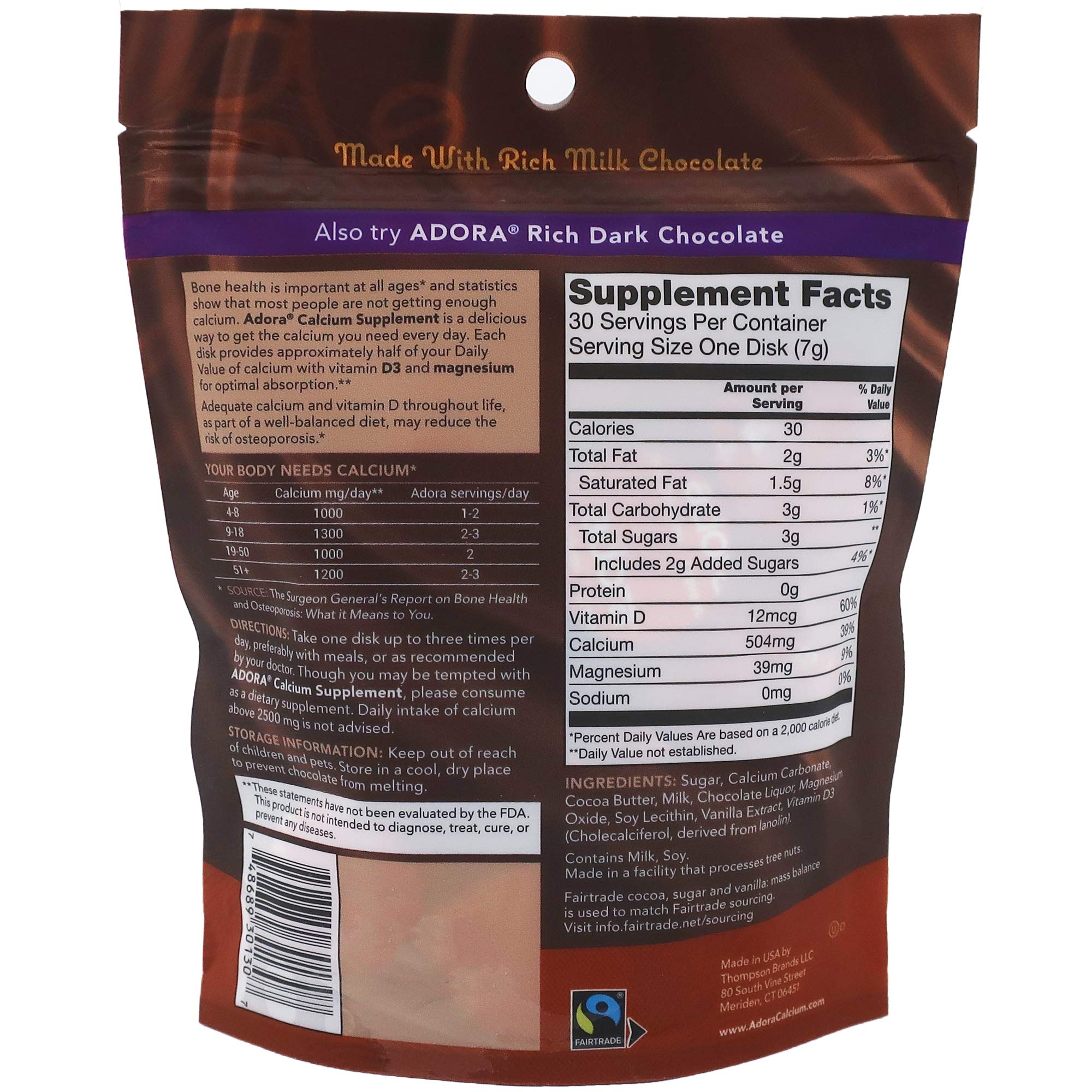 Adora Disques Calcium chocolat au lait — étiquette claire facilitant le dosage.