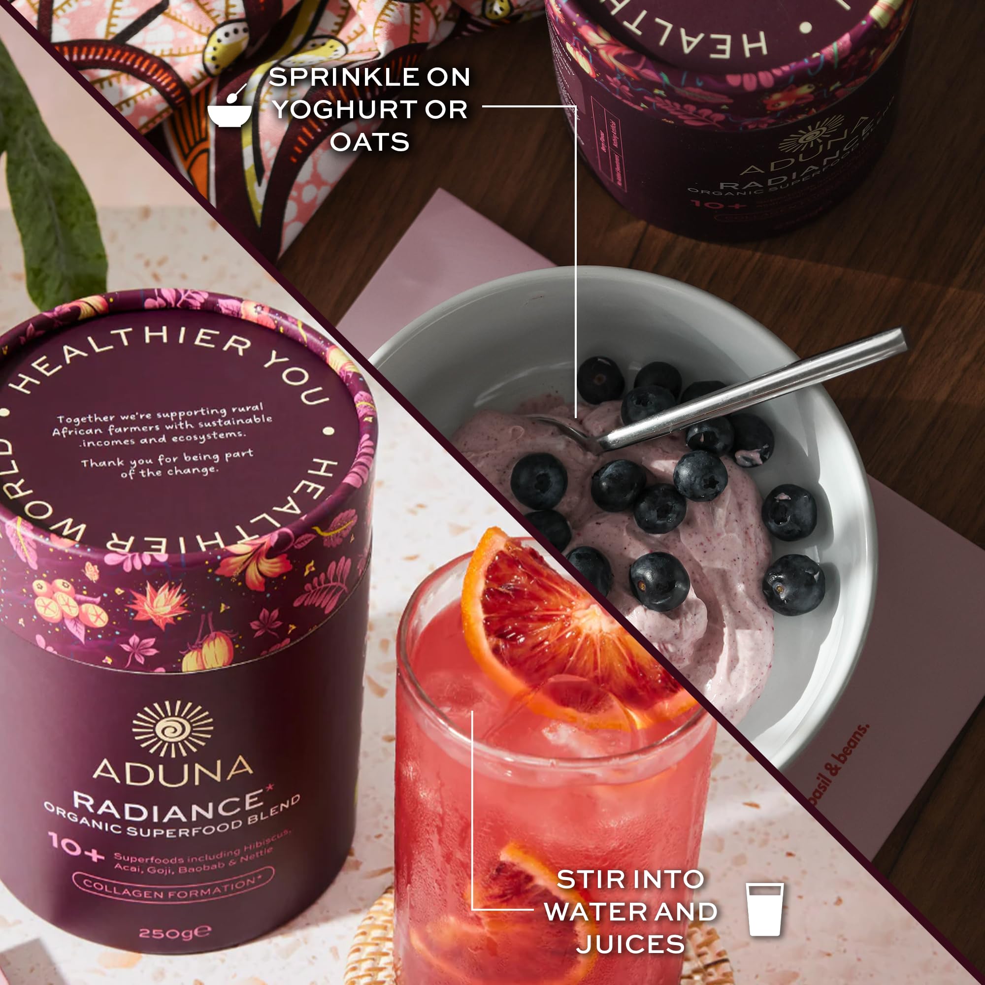 Aduna Radiance – ingrédients hibiscus et baobab pour un boost antioxydant naturel.