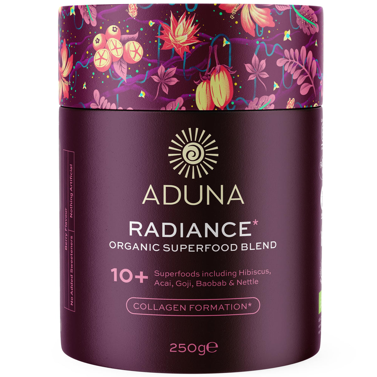 Aduna Radiance : poudre mélangée bio prête à être ajoutée au yaourt ou smoothie.