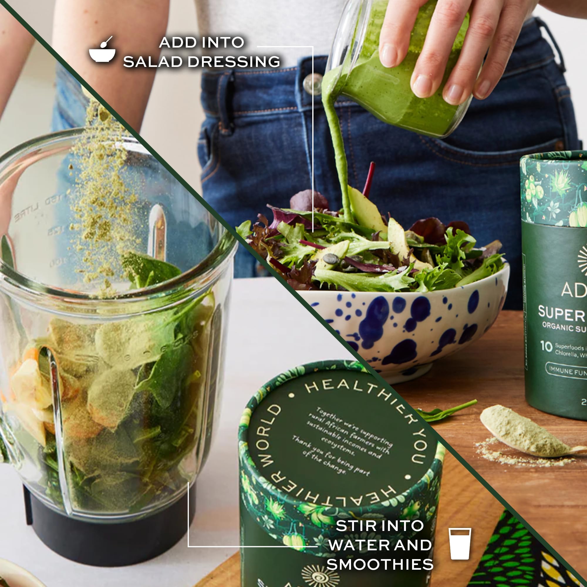 Poudre Aduna Super Greens Eau : diluer facilement dans l’eau pour démarrer la journée.