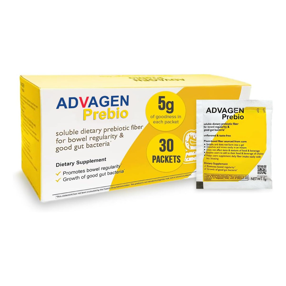 ADVAGEN Prebio Fibres : boîte avec 30 sachets, usage pratique au quotidien.
