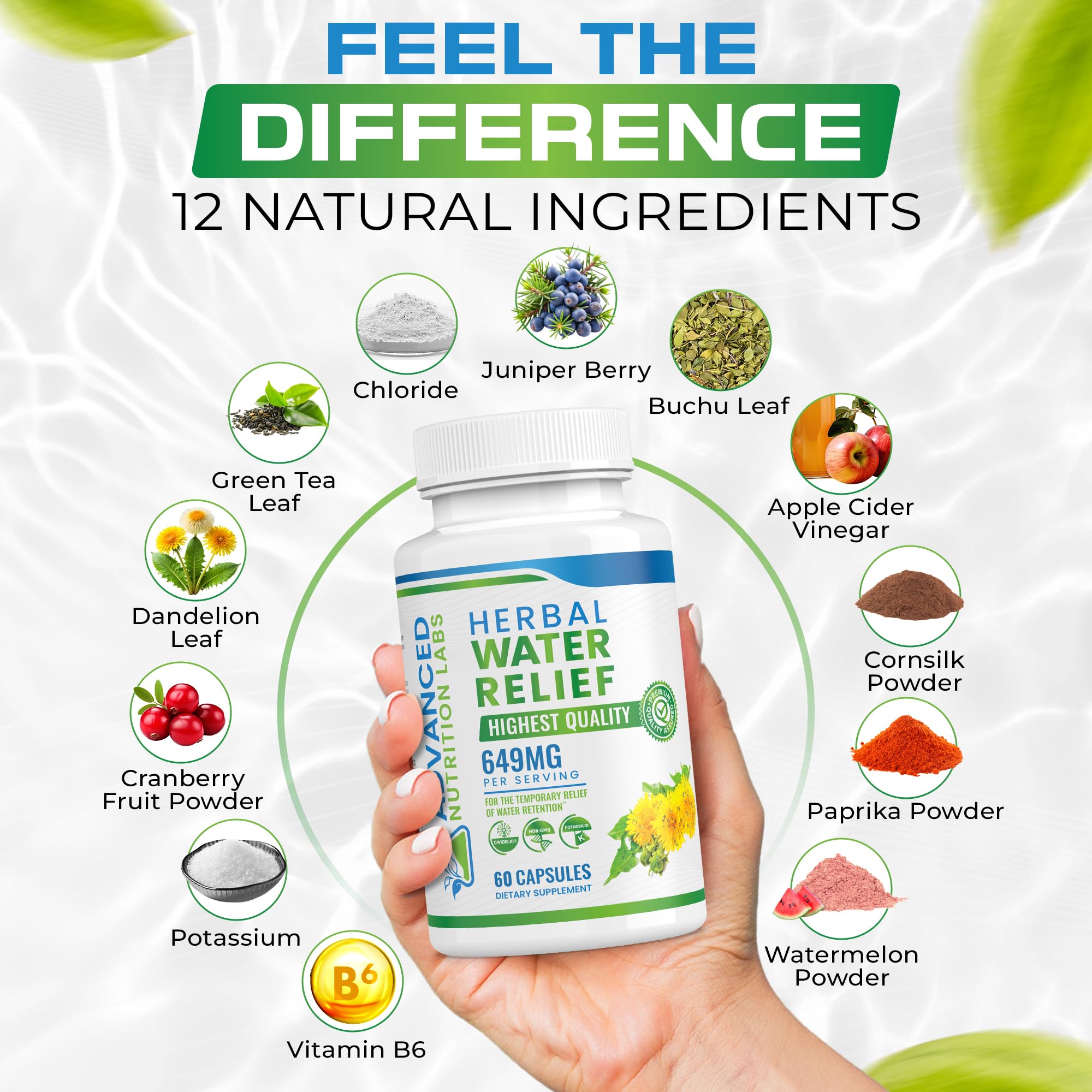 Advanced Nutrition Labs – flacon avec thé vert et vinaigre de cidre, démonstration de formulation naturelle.