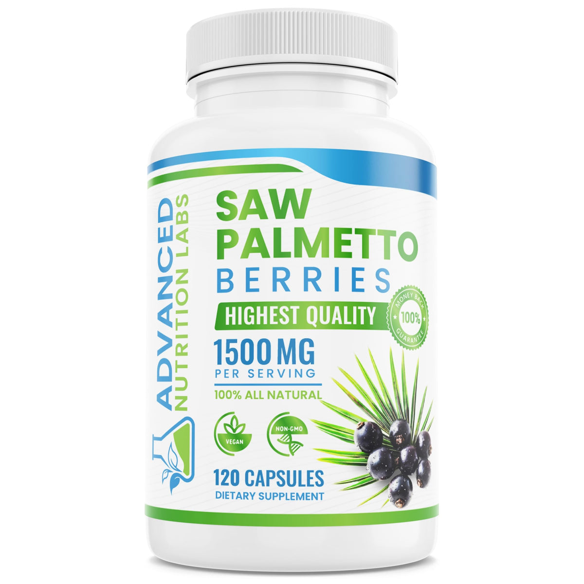 Advanced Nutrition Labs Saw Palmetto – baies visibles dans la bouteille, soutien potentiel de la santé prostatique.