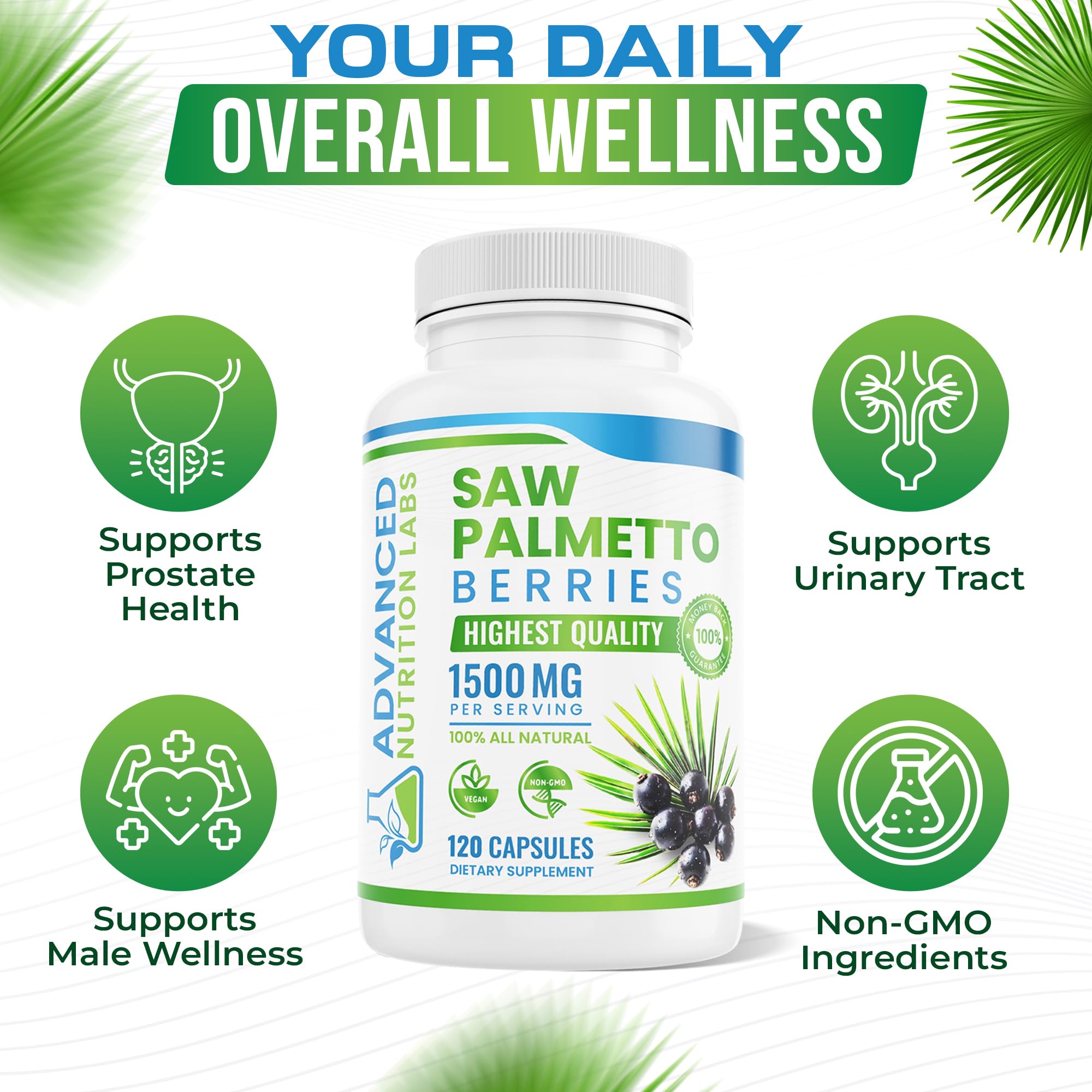 Advanced Nutrition Labs Saw Palmetto – étiquette lisible attestant de la qualité et de la traçabilité.
