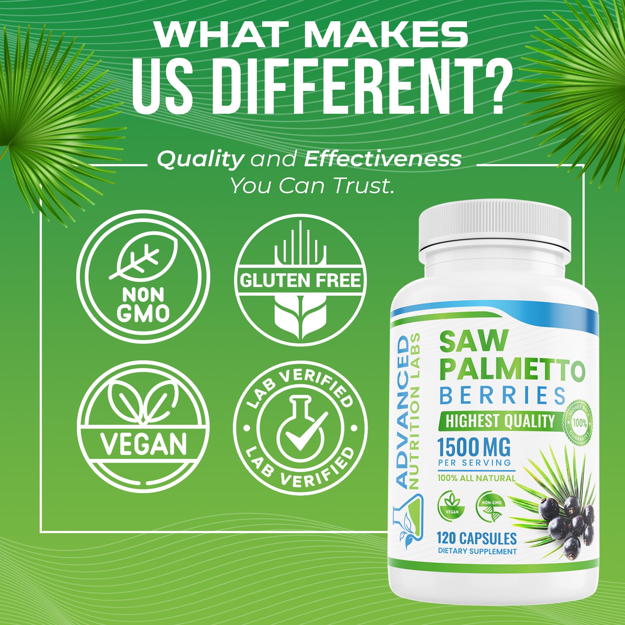 Advanced Nutrition Labs Saw Palmetto – testée en laboratoire pour pureté et sécurité.
