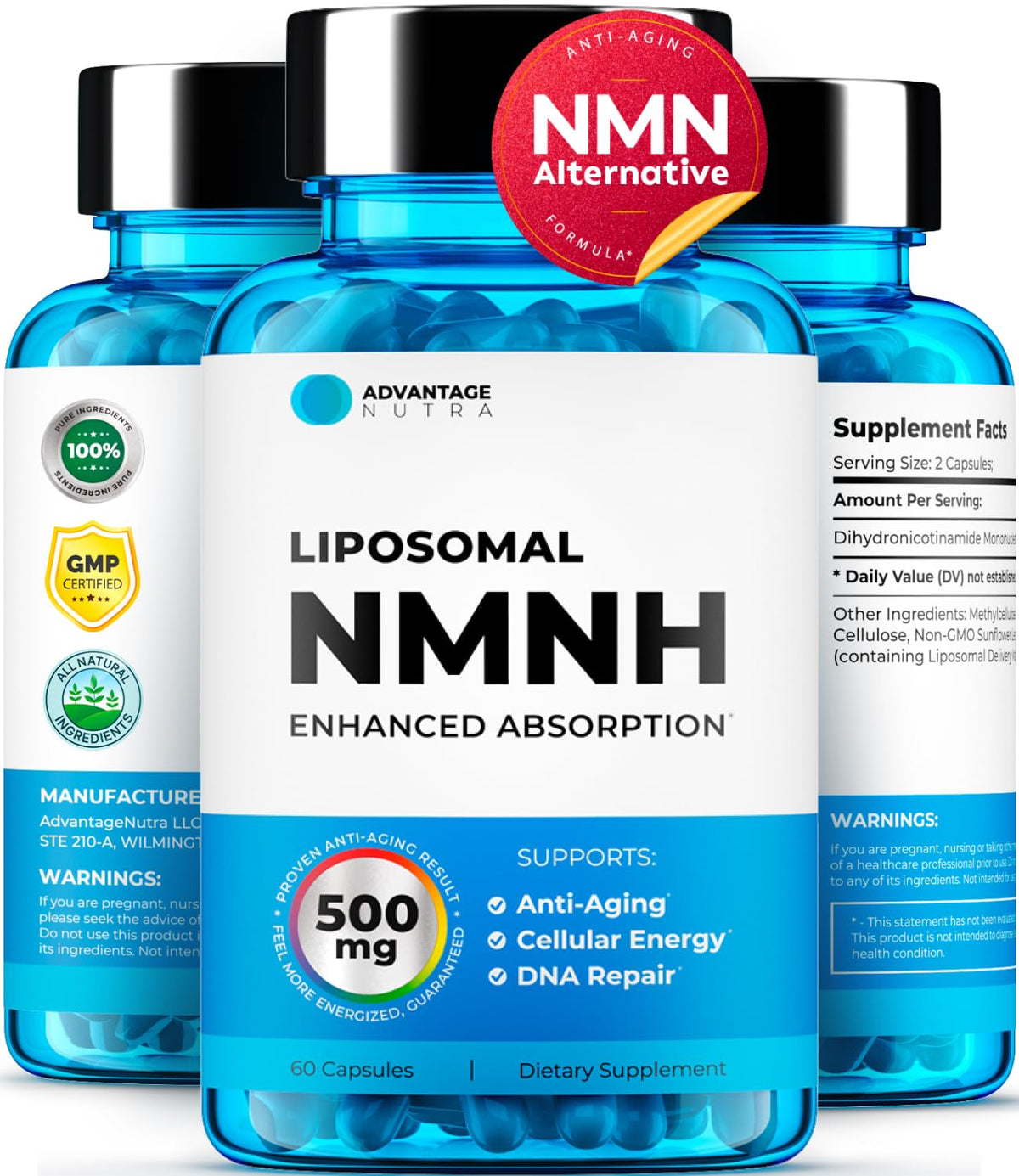 AdvantageNutra Liposomal NMNH 500 mg sur bouteille, soutien énergie durable.