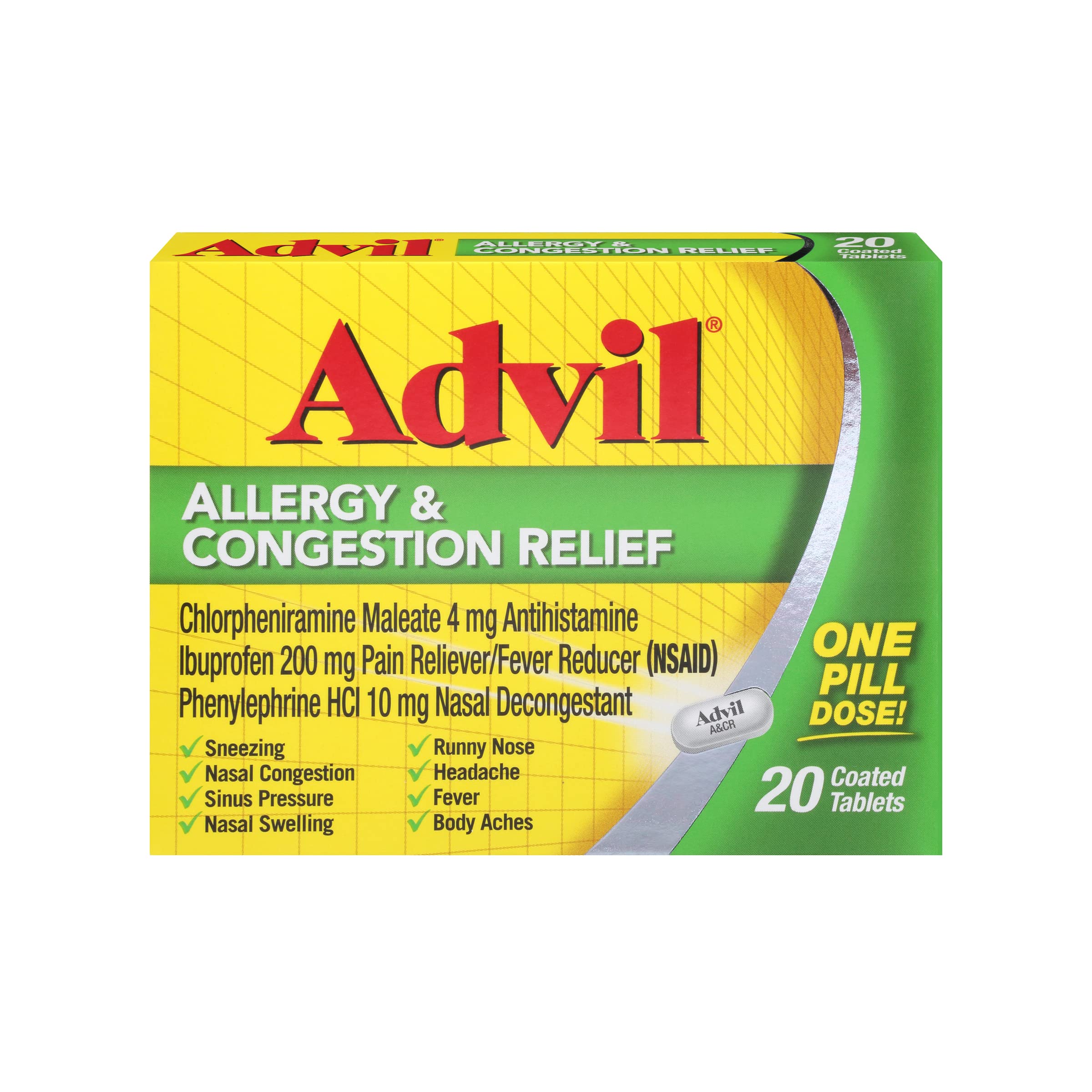 Advil Allergie et Congestion, comprimés enrobés dans une boîte de 20.
