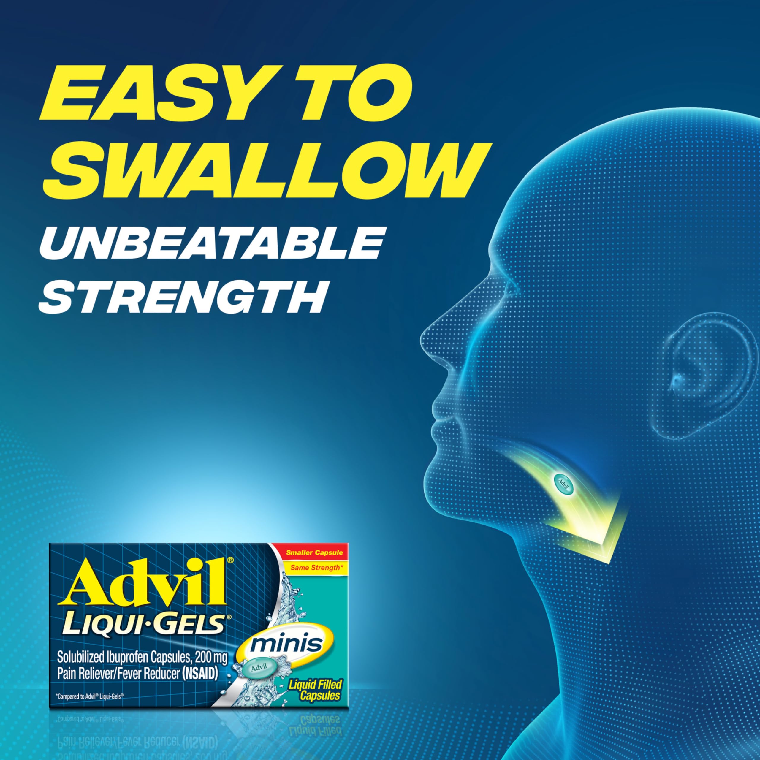 Advil Liqui-Gels minis, douleur-tête: usage rapide pour migraines occasionnelles.