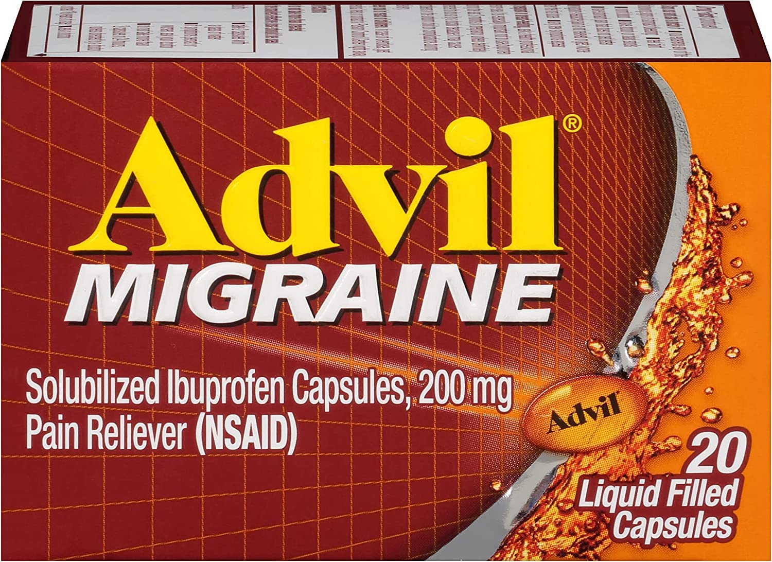 Advil Migraine: capsules liquides visibles dans l'emballage, soulagement potentiel rapide.