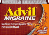 Advil Migraine: capsules liquides visibles dans l'emballage, soulagement potentiel rapide.