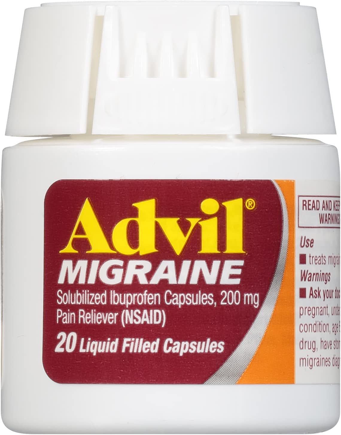 Advil Migraine: capsules liquides, prise rapide après ingestion, pratique en déplacement.