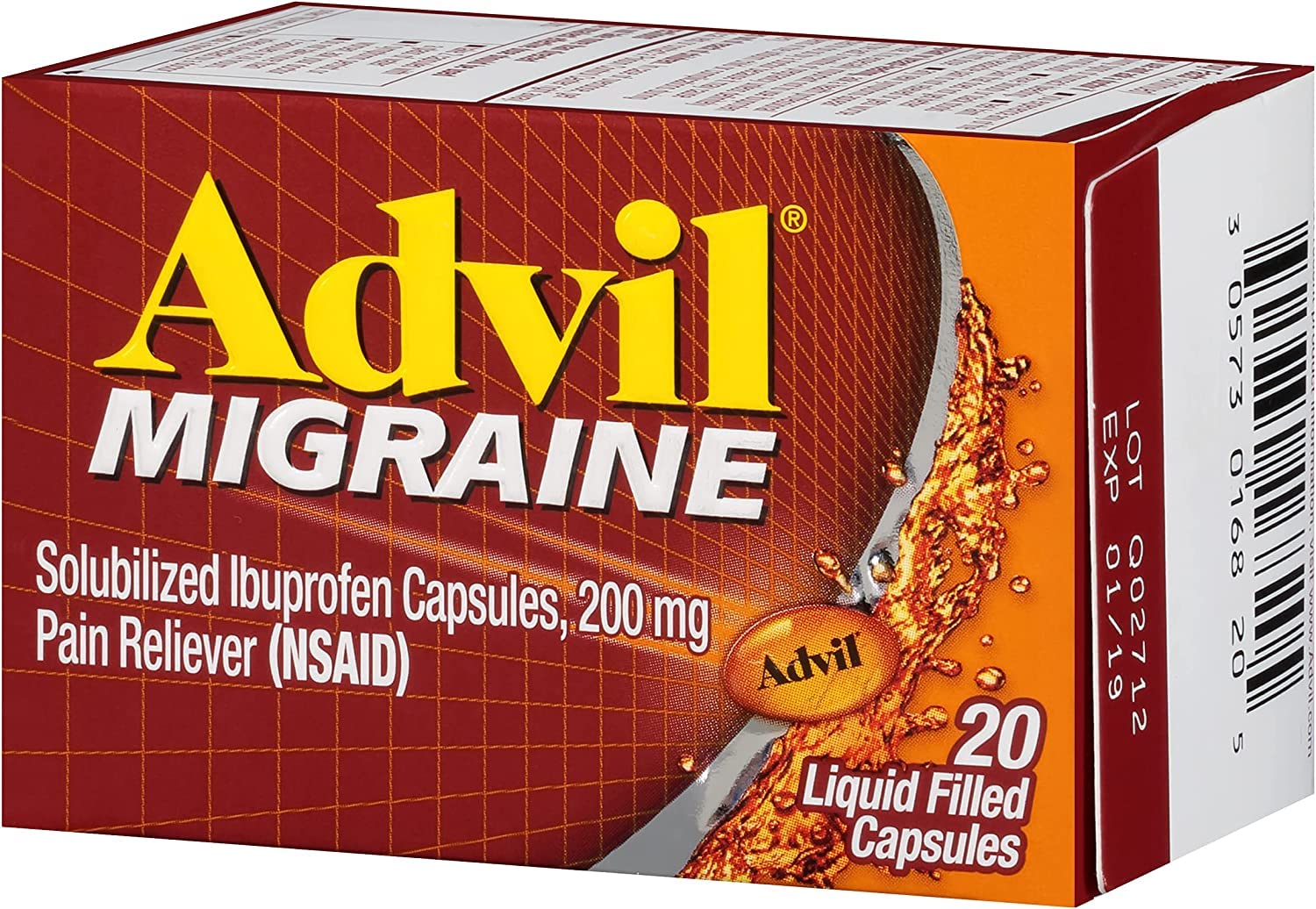 Advil Migraine: flacon transparent, format pratique pour transport quotidien.