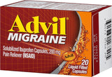 Advil Migraine: flacon transparent, format pratique pour transport quotidien.