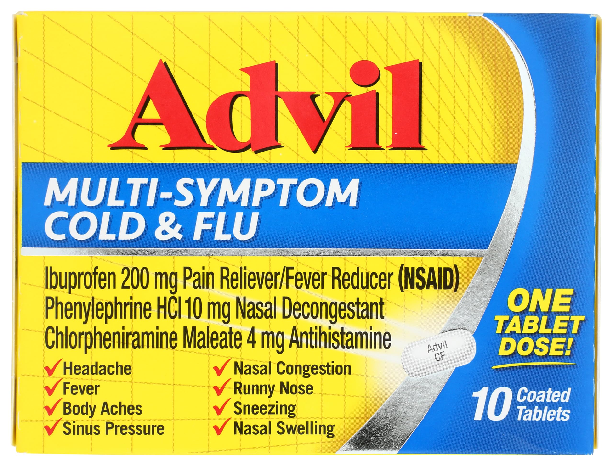 Advil Multi-Symptom pilules, boîte ouverte, soulagement temporaire des symptômes du rhume et grippe.