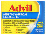 Advil Multi-Symptom pilules, boîte ouverte, soulagement temporaire des symptômes du rhume et grippe.
