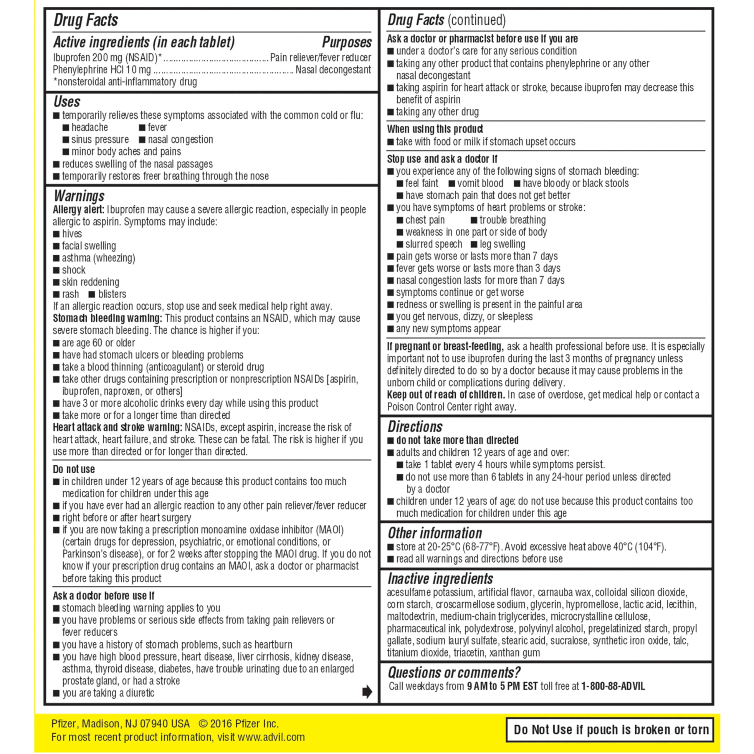 Advil Sinus – étiquette détaillée montrant les ingrédients et le dosage.