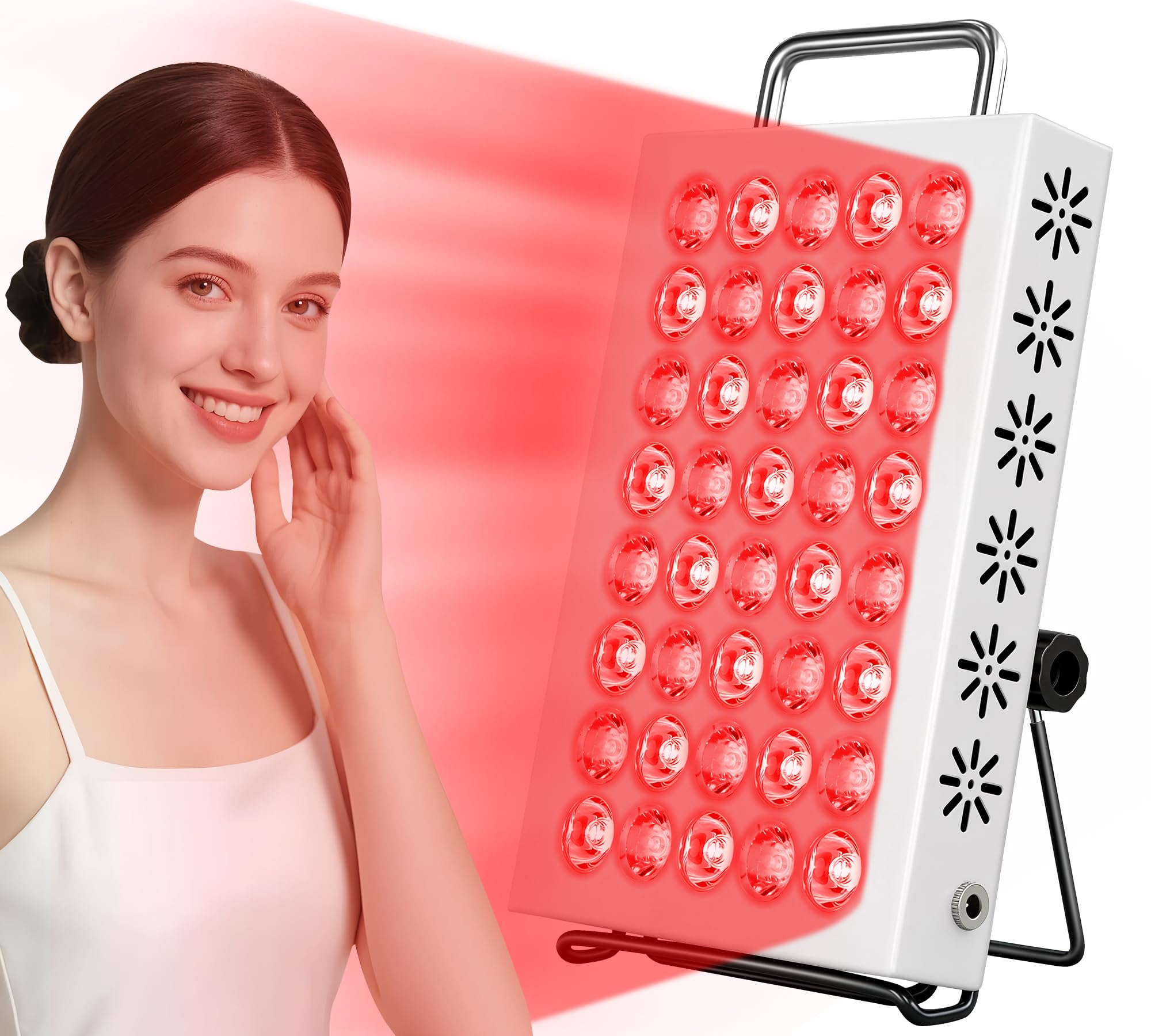 Lampe AearKing 660nm sur visage, améliore l éclat et la texture cutanée.