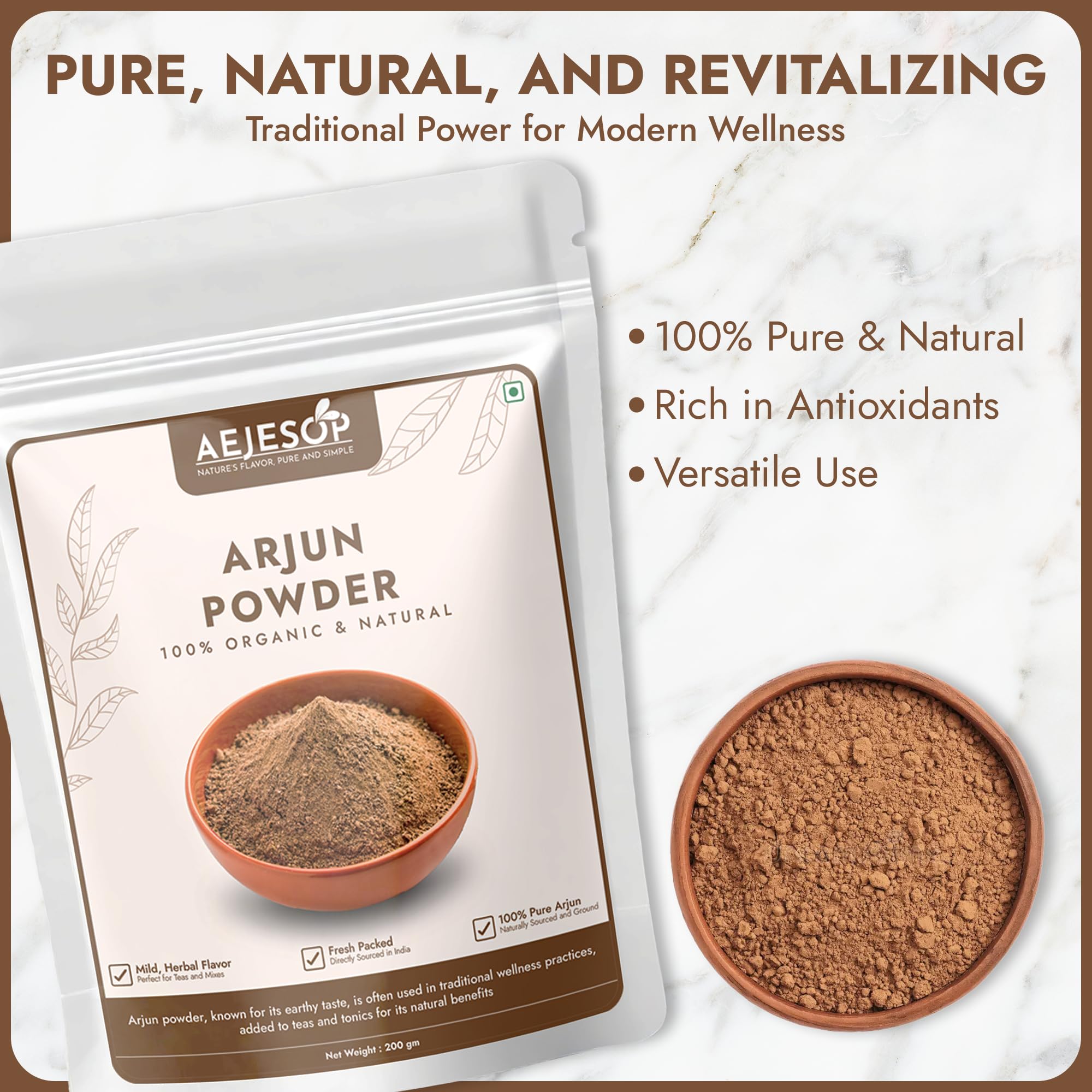 AEJESOP Arjuna poudre ajoutée à une boisson ou smoothie.