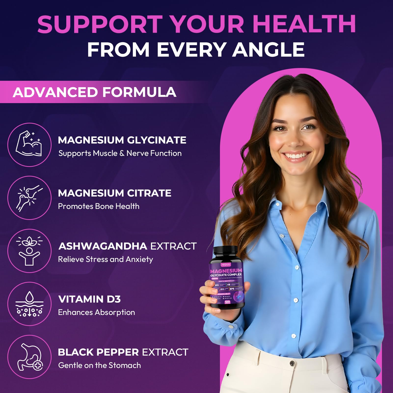 AEQNJV Ashwagandha dans la formule – sensation de calme en soirée possible.