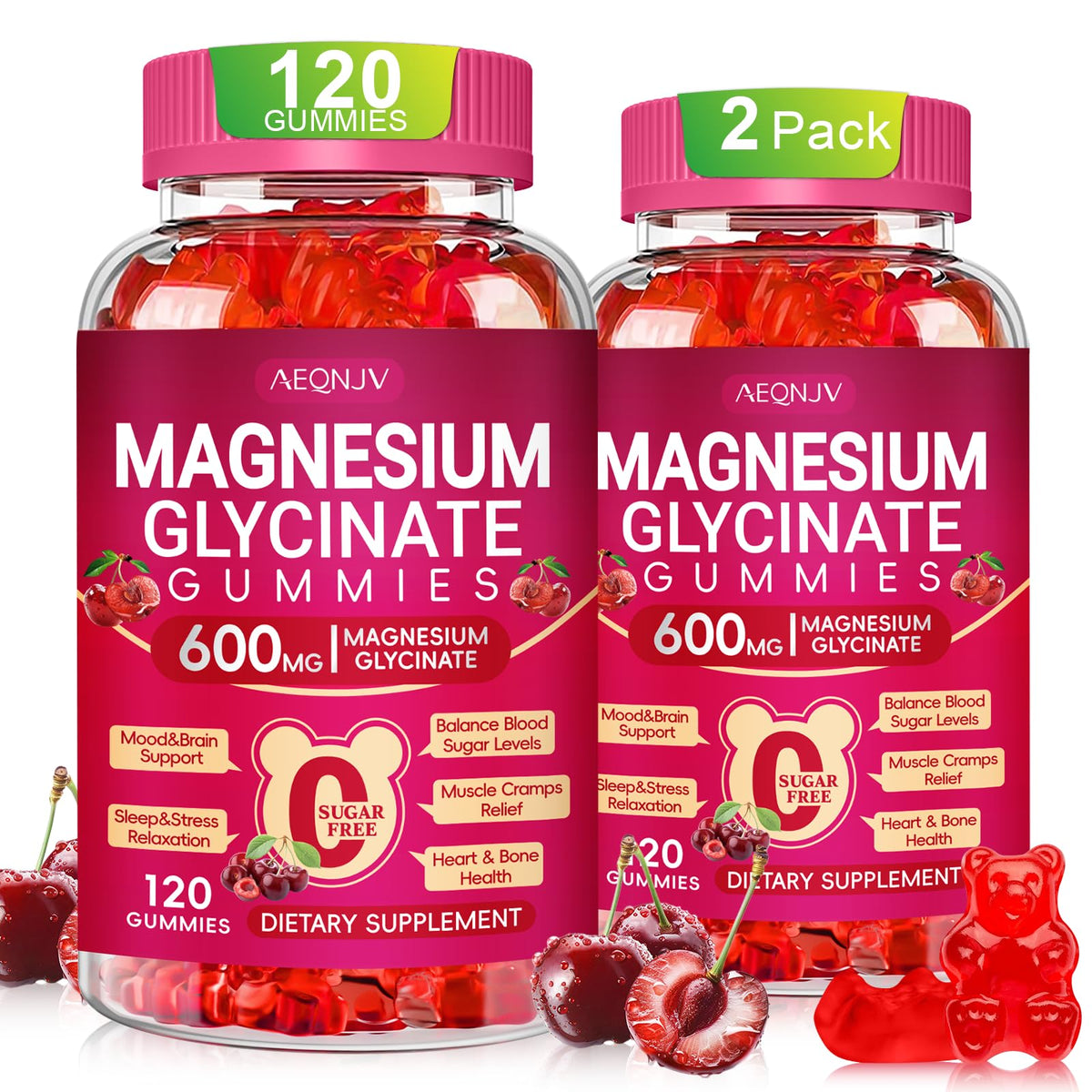 AEQNJV gommes magnésium glycinate – goût cerise, soutien potentiel du sommeil.