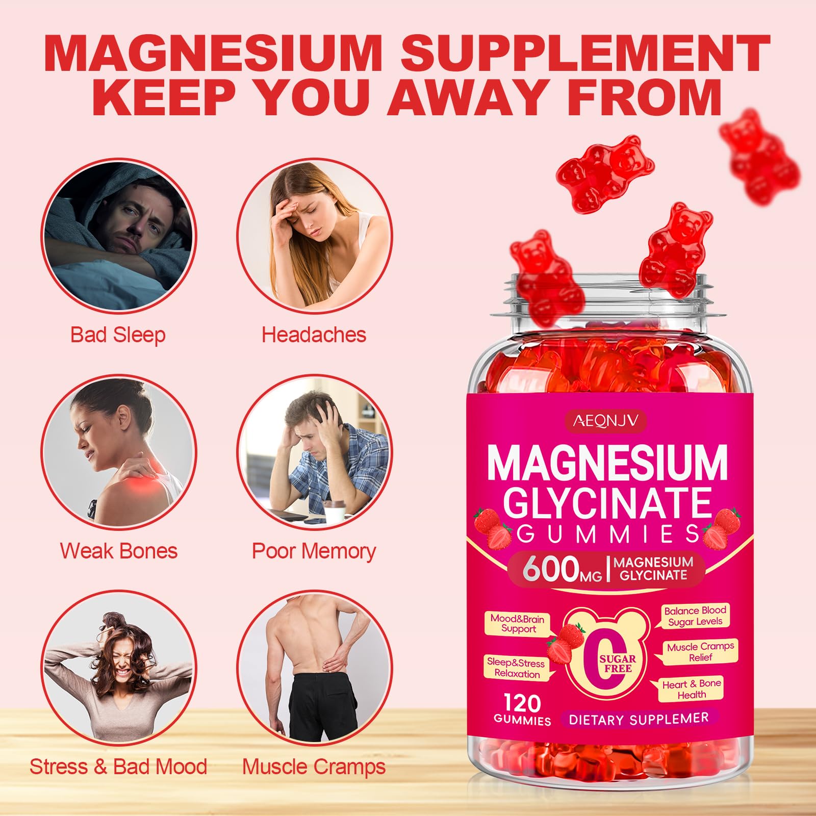 Gommes AEQNJV magnésium glycinate au goût framboise – texture agréable.