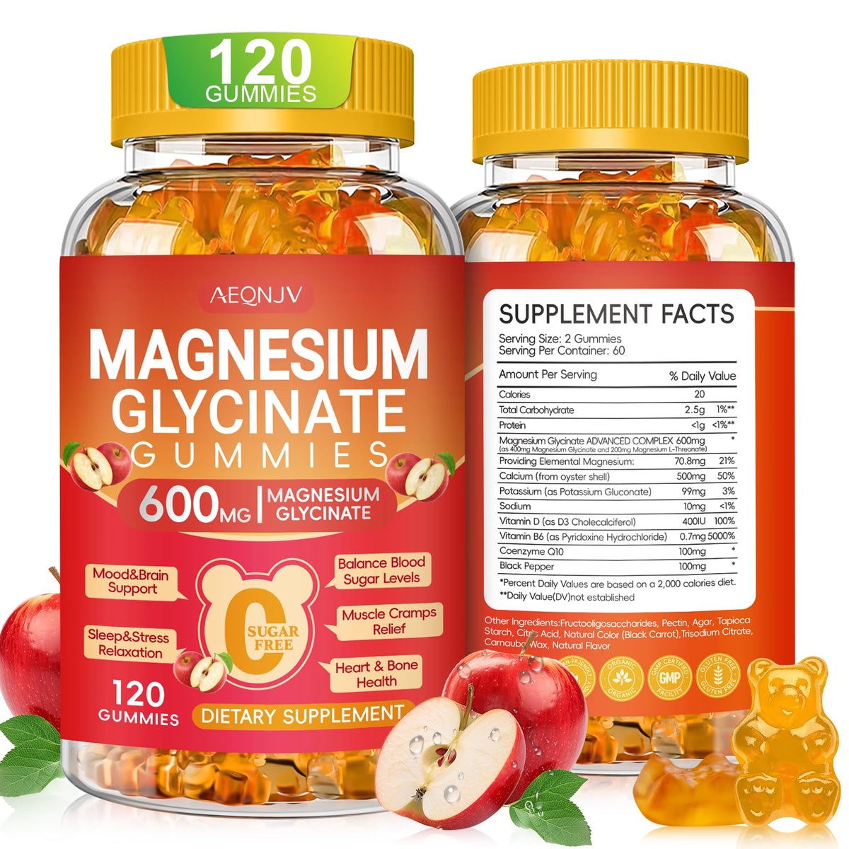 AEQNJV Magnésium Glycinate Gommes en bouteille, facilité d'utilisation quotidienne.