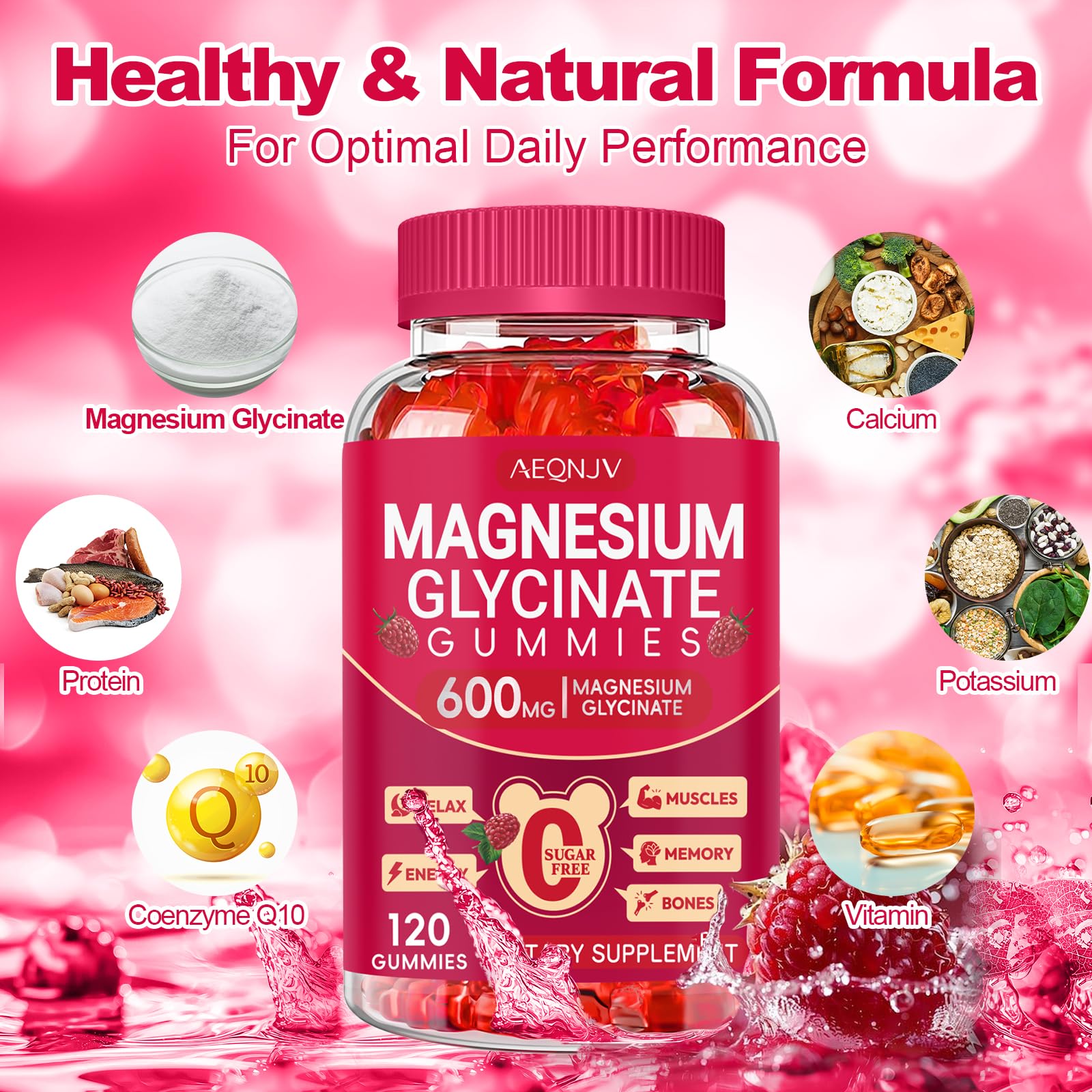 Composition AEQNJV avec CoQ10, potassium, calcium, vitamine D et B6.