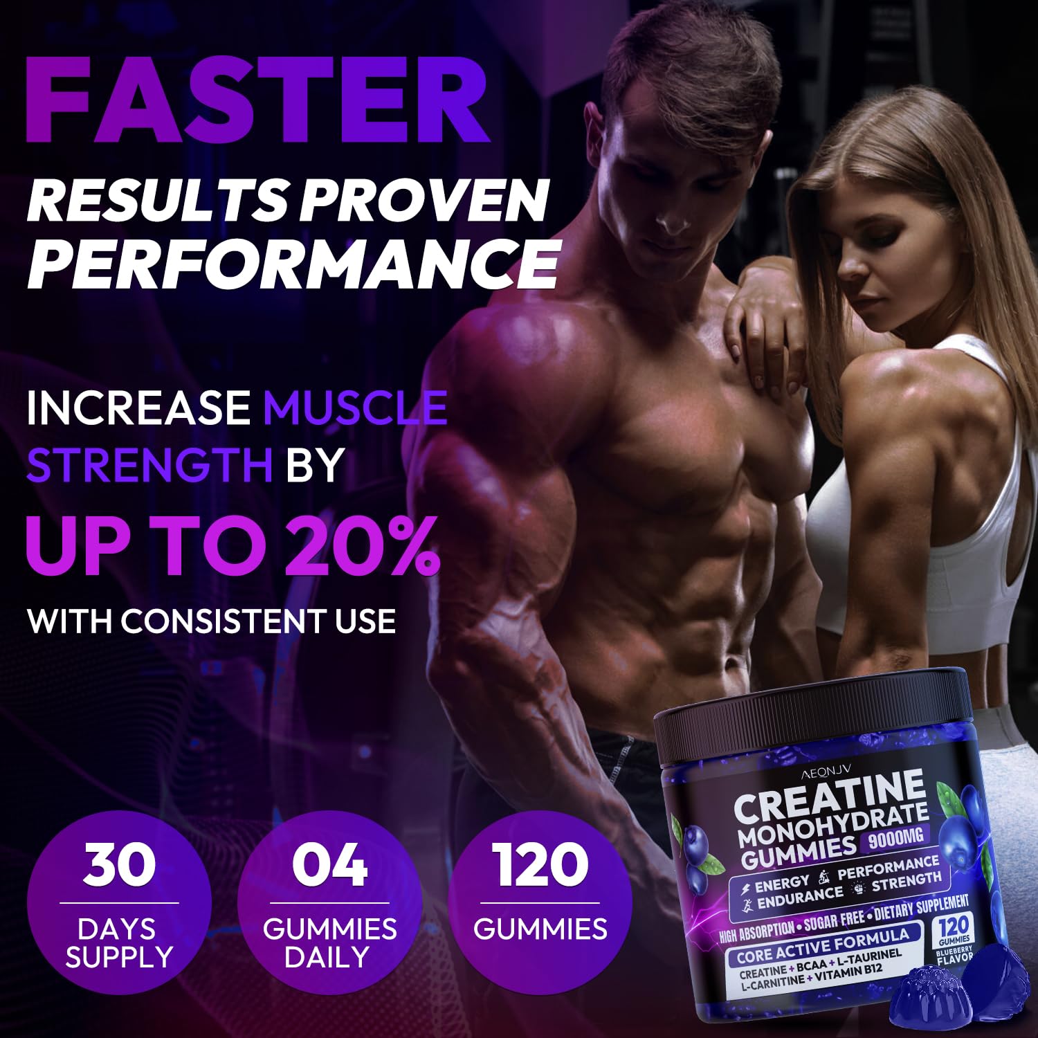Absorption améliorée avec la formule AEQNJV Creatine Gummies.