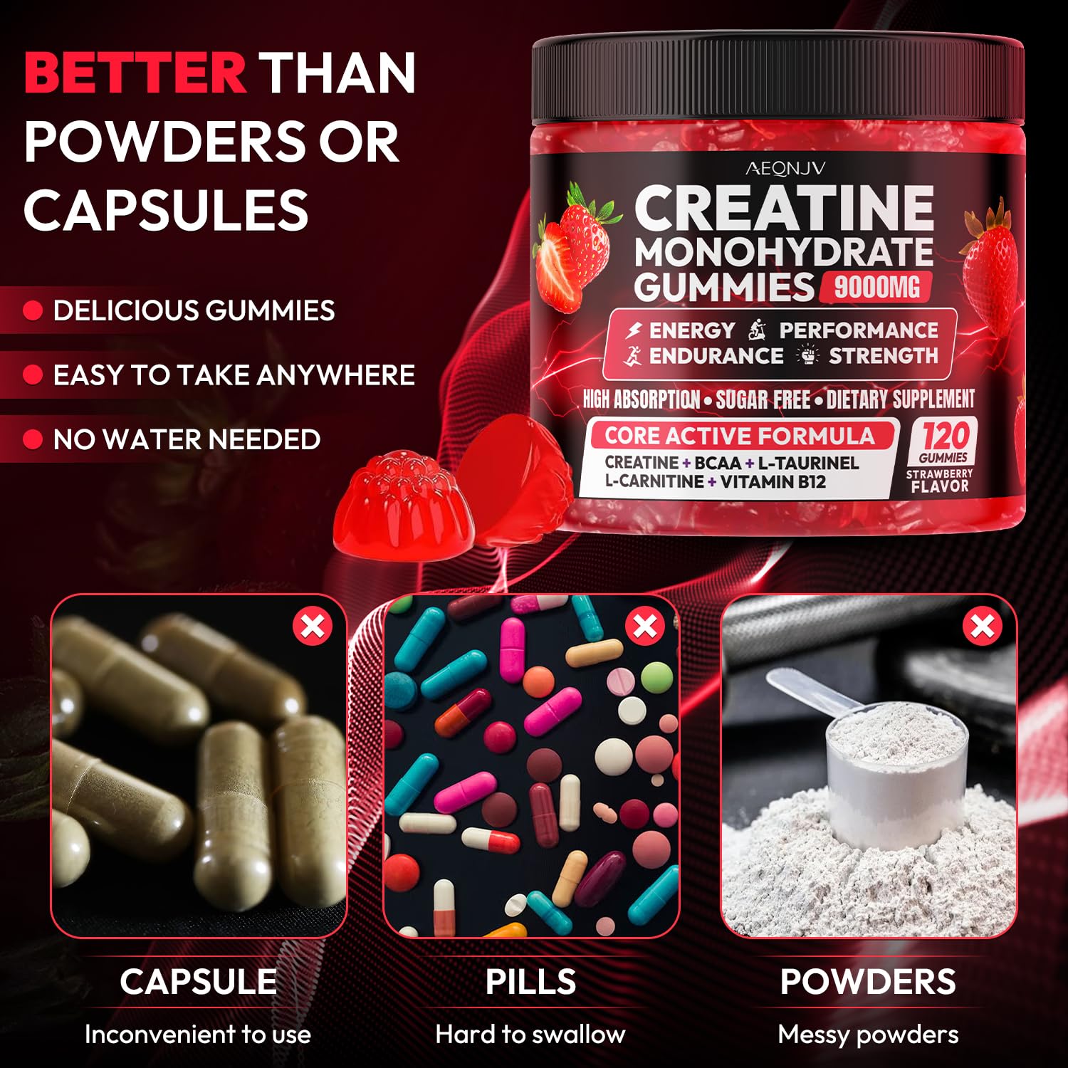 AEQNJV Gommes Créatine – l-taurine et BCAA pour soutenir l effort.