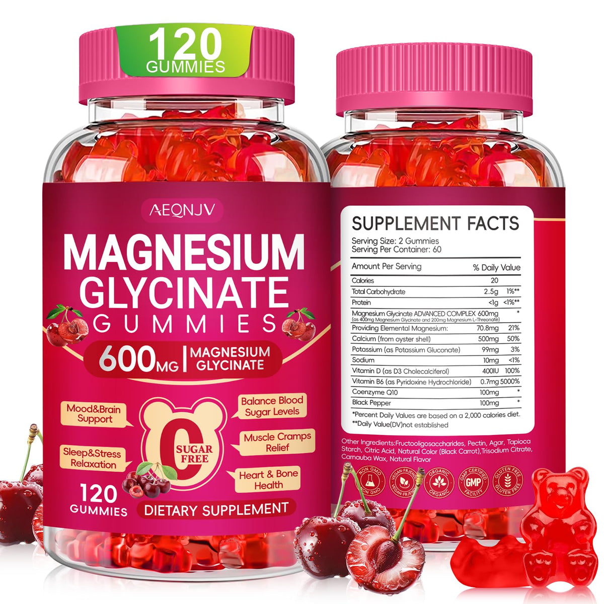 AEQNJV gommes magnésium glycinate 600 mg – bouteille ouverte favorisant relaxation nocturne