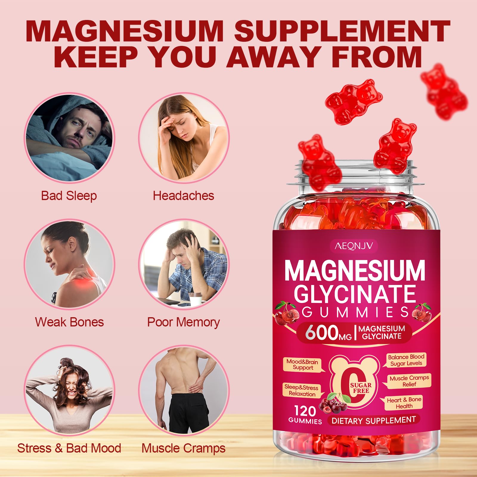 AEQNJV gommes magnésium glycinate goût cerise sans sucre pour énergie douce