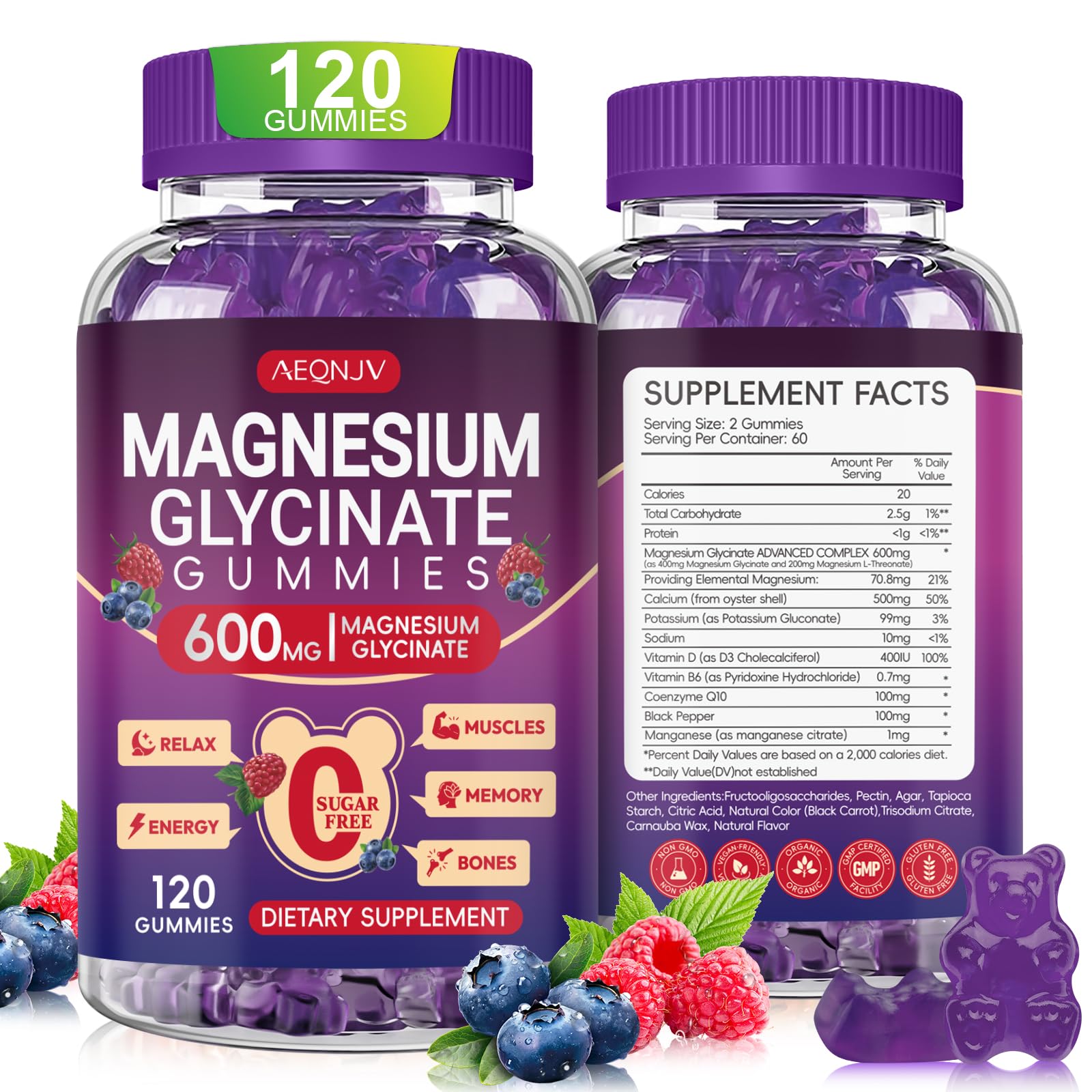 AEQNJV gommes magnésium glycinate, bouteille de 120 gommes, format pratique.