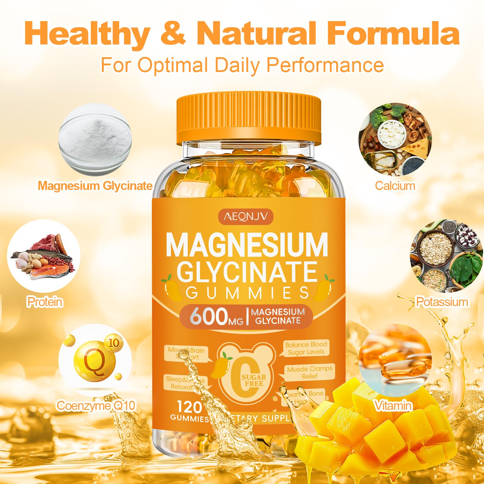 AEQNJV gummies magnésium glycinate avec CoQ10 et vitamines – soutien quotidien potentiel