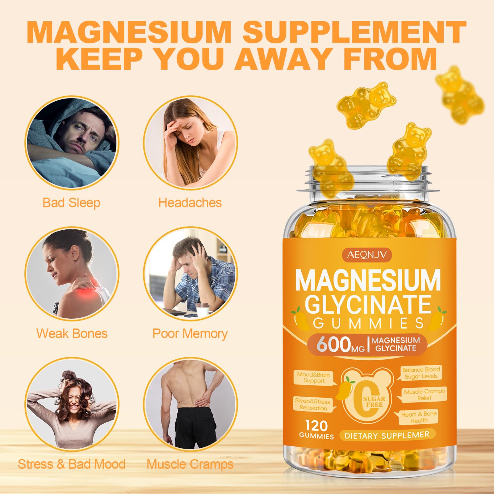 AEQNJV gummies magnésium glycinate sans sucre – option végane et sans gluten