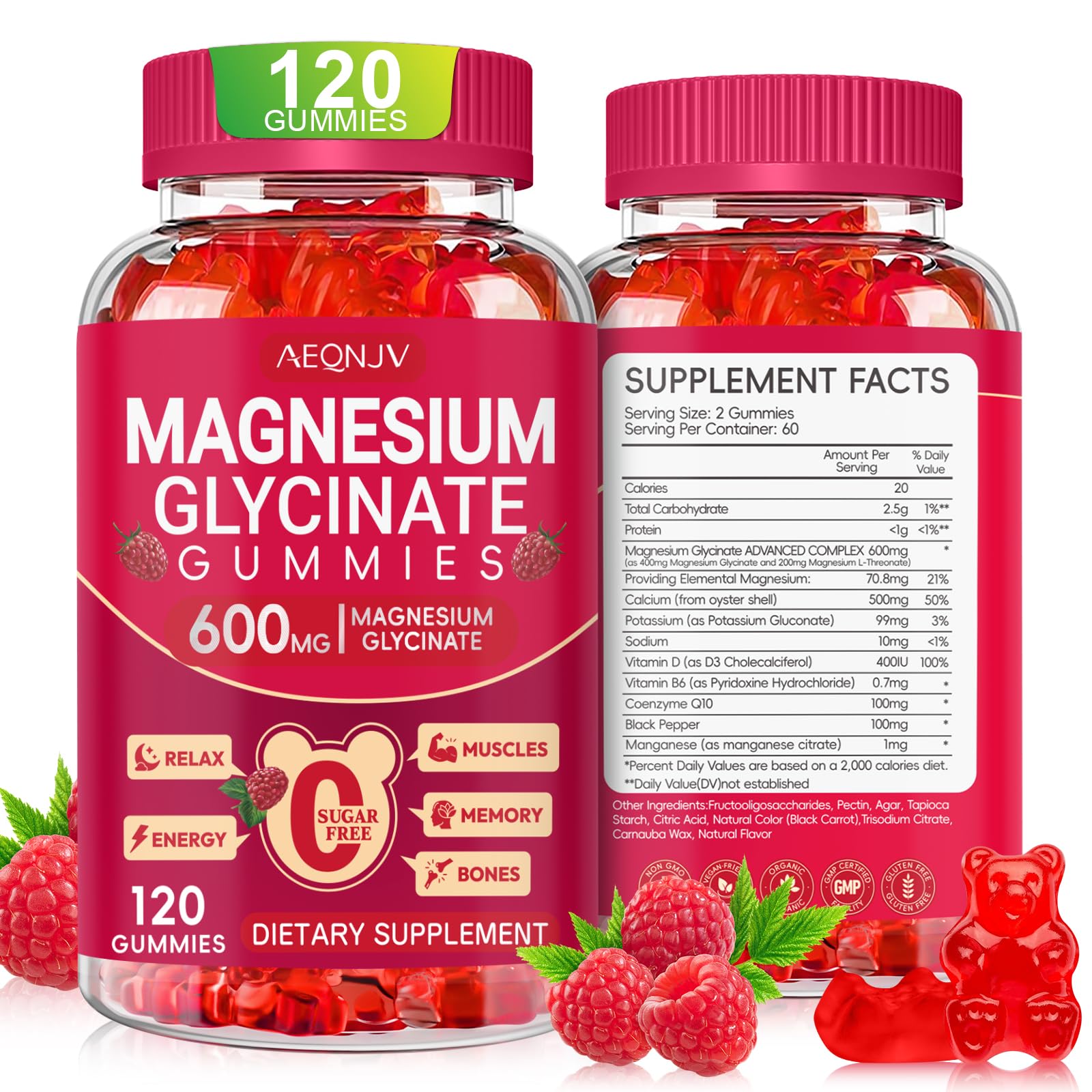 Gommes AEQNJV magnésium glycinate emballage 120 pour soutien quotidien.