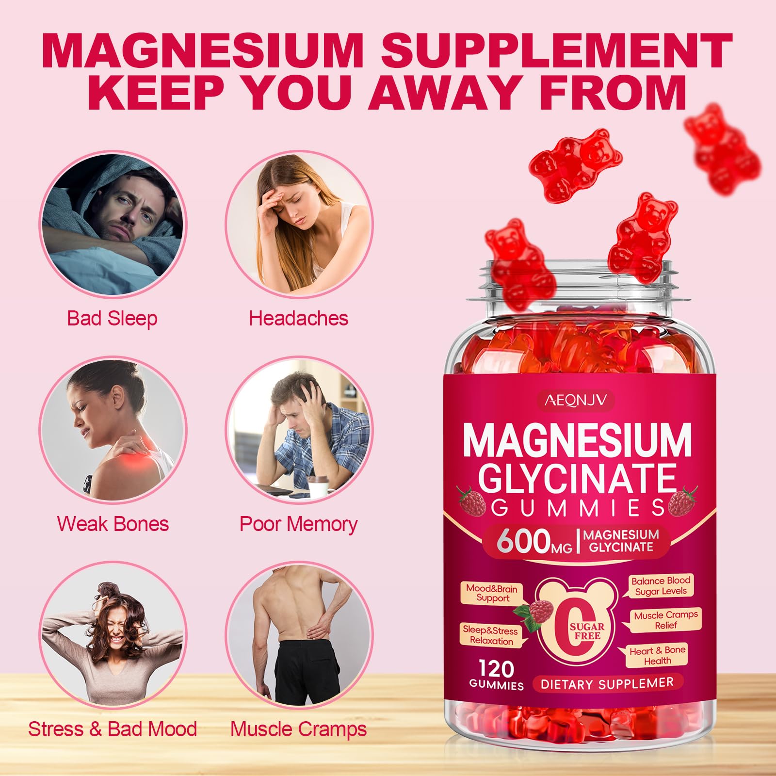 Étiquette AEQNJV indiquant 600 mg de magnésium par portion.