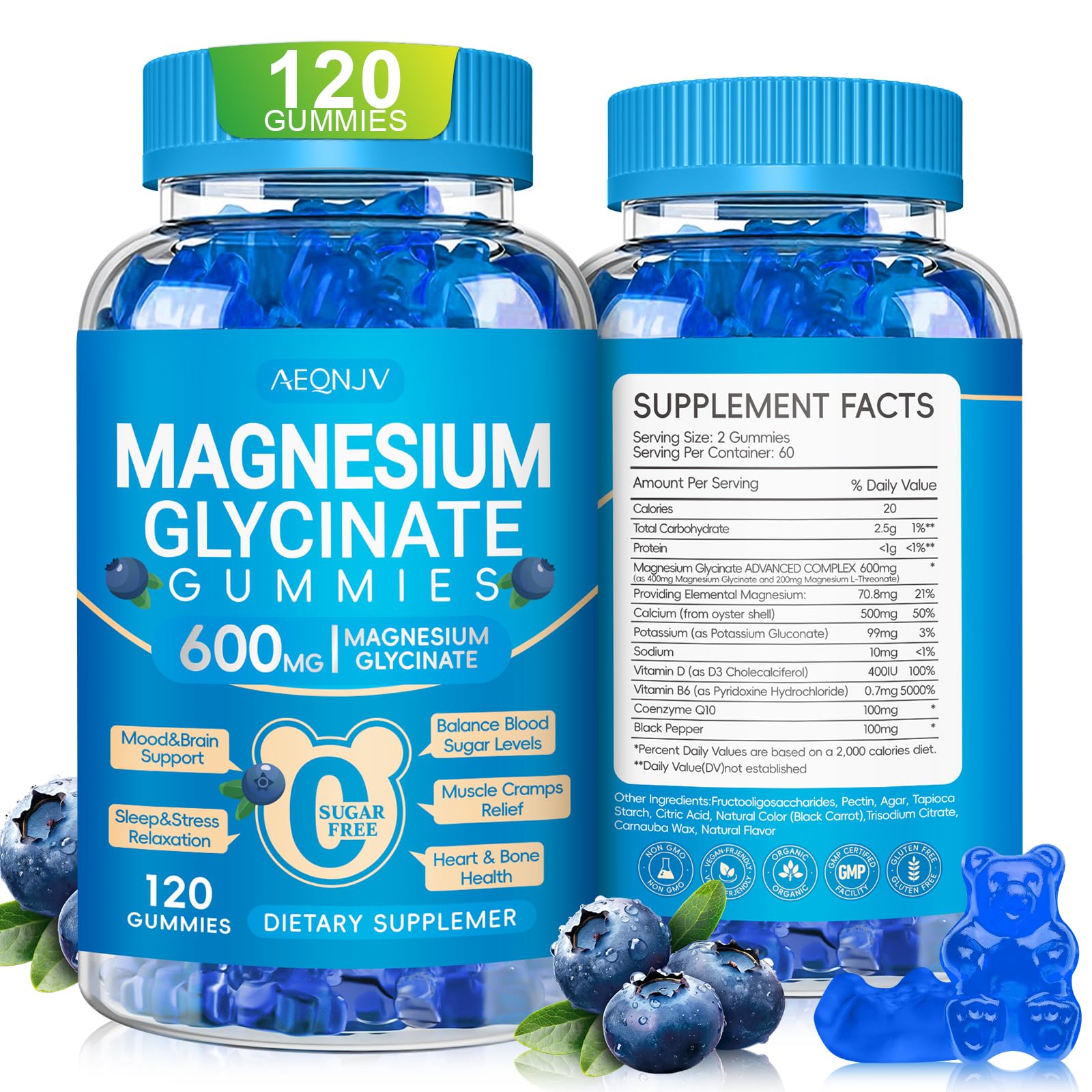 AEQNJV Magnésium Glycinate Gummies – bouteille prête pour soutenir le sommeil et la détente.