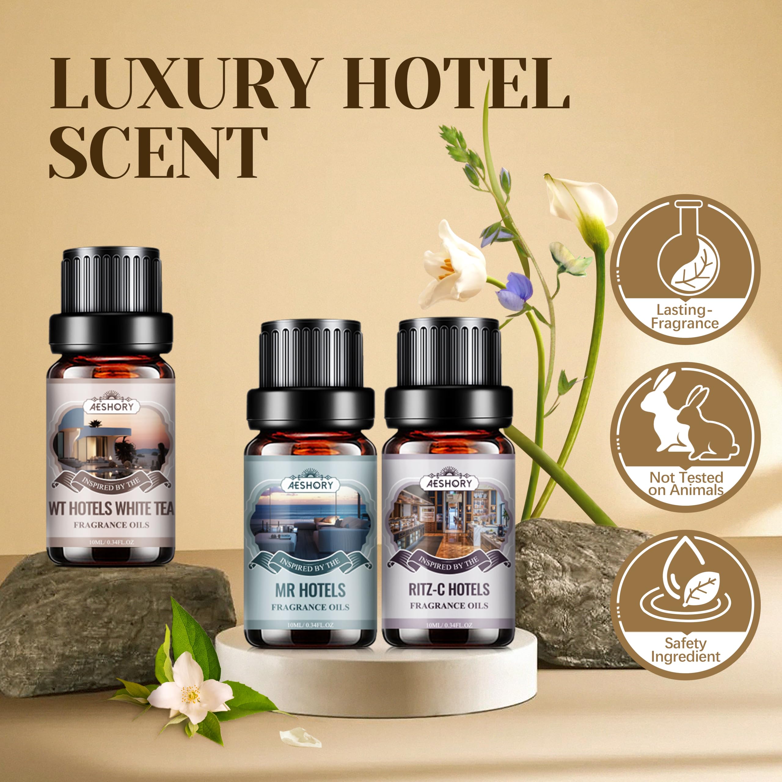 Bouteilles parfumées Aeshory Hôtel HT Hotels, diffusion longue et notes luxueuses.