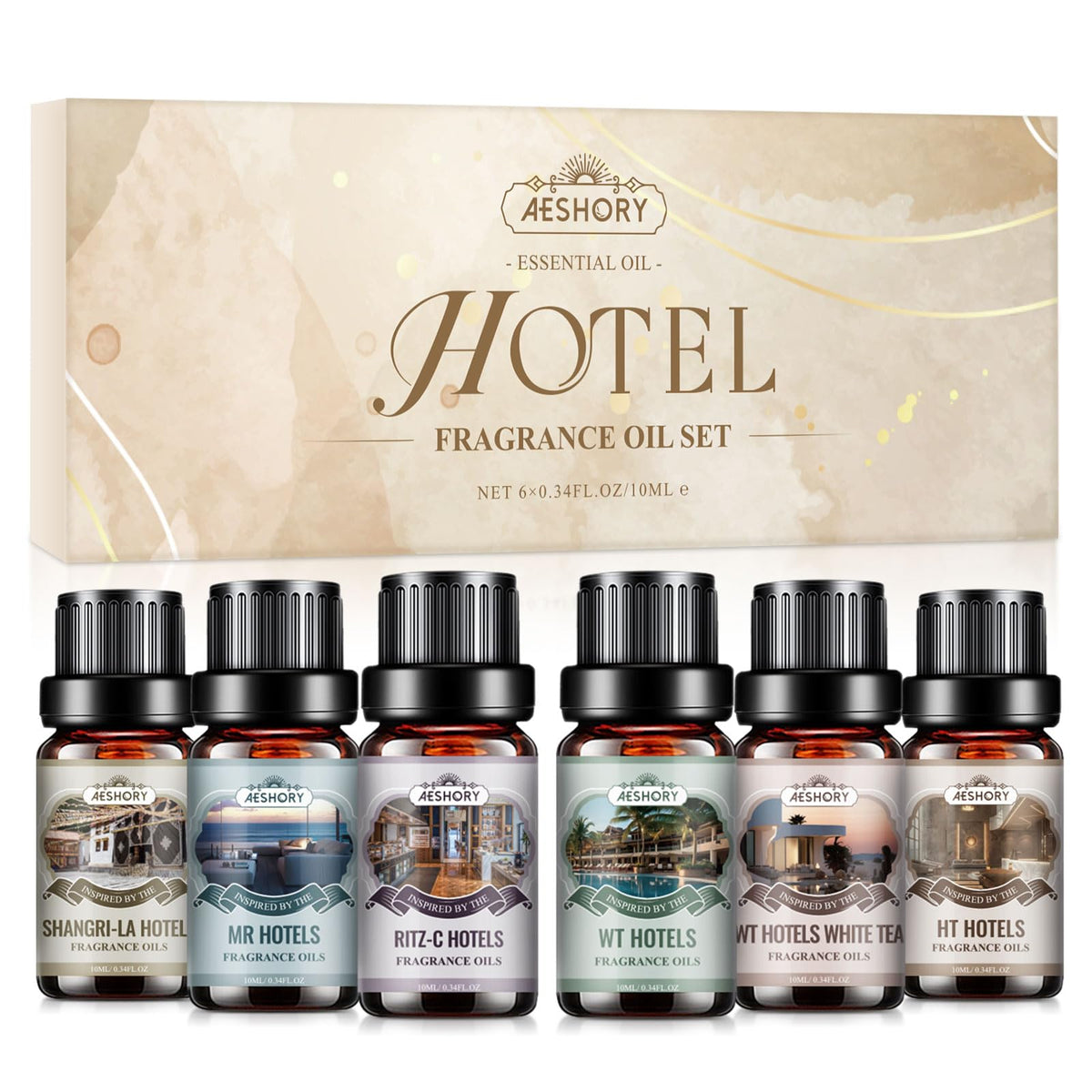 Coffret Aeshory d'huiles de diffusion hôtel pour ambiance raffinée.