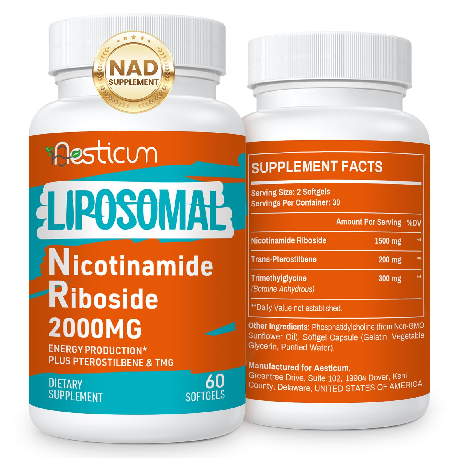 Aesticum Nicotinamide Riboside 2000 mg dans une bouteille, énergie potentielle et bien-être.