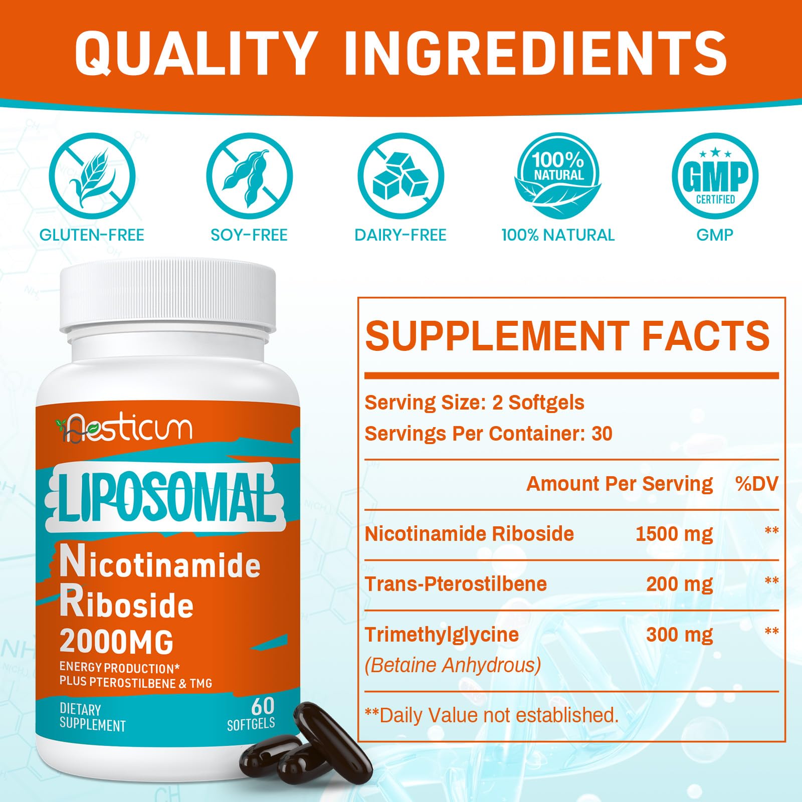Capsules liposomales Aesticum Nicotinamide Riboside, absorption améliorée.