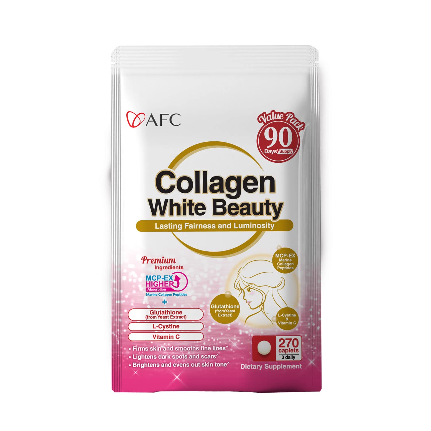 AFC Japan Collagen White Beauty – bouteille montrant l'éclat potentiel de la peau